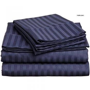 Crafts lino algodón egipcio satén de 400-thread-count Super suave 4 piezas Juego de sábanas, Navy Blue Stripe, 200 x 200 cm