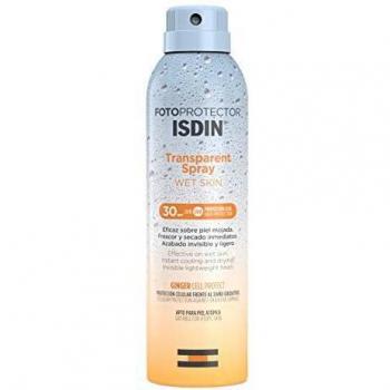 Protector Solar Corporal en Spray Isdin SPF 30, 250 ml, spray transparente, efecto húmedo, para piel mojada, jengibre Cell Protect