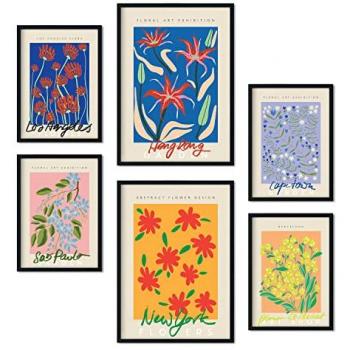 Set de 6 Pósters Florales con Estética Collage para Decoración de Interiores - Tamaños A3 y A4, Marco Negro