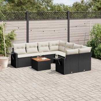 9-Piece Black Poly Rattan Garden Sofa Set with Cushions
