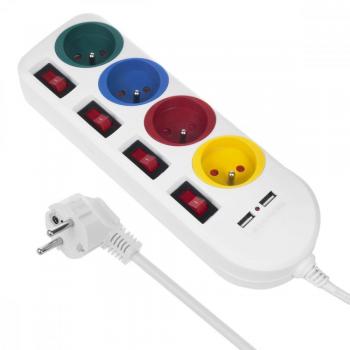 Regleta de Enchufes Maclean MCE229W, 4 Gniaztes + 2xUSB, con Interruptores, 1.5m, Blanco