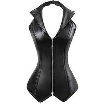 Charmian Women's Steampunk Goth Spiral Steel Boned Halter Faux Leather Vest Zip Top Rock Biker corsé Bustier Black Large
