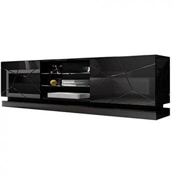Mueble TV Charlotte 128, Mueble para TV, dimensiones 200 x 57 x 40 cm, color Negro + Negro brillante, apertura sin mango, sistema de cierre amortiguado