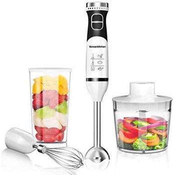 Bonsenkitchen Batidora de Mano, Batidora Eléctrica de Alto rendimiento 4 en 1, Batidora Multifunción Ajustable de 9 Velocidades con vaso Medidor, Vaso Picador y Varilla Emulsionadora