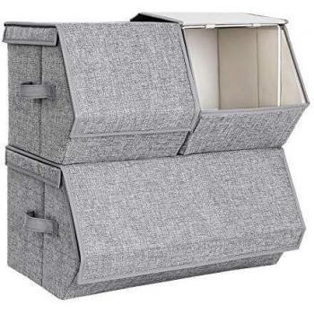 Cajas de Almacenamiento Plegables SONGMICS, 3er Set con Tapas y Asas, Organizador para Juguetes y Ropa, Color Gris Paloma, Diseño Apilable con Estructura de Metal y