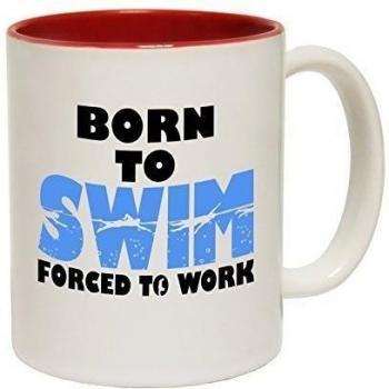 123t Mugs Born To Swim Forced To Work Ceramic Slogan Cup With Red Interior by 123t Mugs