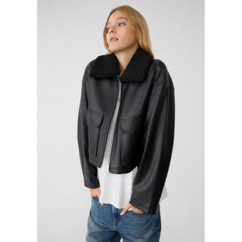 Stradivarius Women's Black Faux Leather Jacket with Contrast Collar Size S