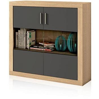 Bodeguero Nuka 2 puertas Duehome, melamina cambria y grafito, medidas: 110 cm (ancho) x 110 cm (alto) x 34,6 cm (fondo)
