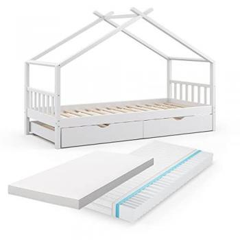 Cama en forma de casa Design, Blanco, 90x200 cm con cama de invitados y 2 colchones Vitalispa