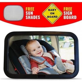 Premium bebé coche Espejo, seguro, extra grande espejo para posterior del bebé asiento. Fácil de instalar, totalmente ajustable y función de inclinación con Bono sol tonos y señal de bebé a bordo