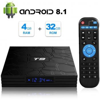Android TV Box, T9 Android 9.0 TV BOX 4GB RAM/32GB ROM RK3318 Quad-Core Media Box Soporte 2.4GHz/5.0GHz WiFi 64 bits H.265 Bluetooth 4.0 DLNA UHD 4K Mini TV Box