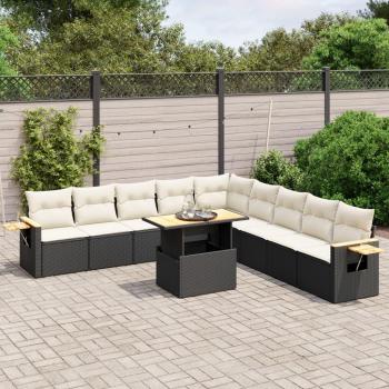 11-Piece Black Poly Rattan Garden Sofa Set with Cushions