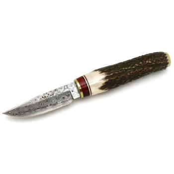 Cuchillo de Lujo Muela Bowie BW-6DAM con Hoja de Acero Damasco Inoxidable, Mango de Asta de Ciervo y Latón + Tarjeta Multiusos de Regalo