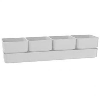 Jarrón Elegante TERA de Diseño Sierra, 4 Jarras Cuadradas y Platillo, Dimensiones 48x12x11 cm, Macetero Resistente a Rayos UV para Suculentas y Plantas