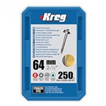 Tornillos Kreg Pocket-Hole 64 mm de Acero Inoxidable, Rosca Gruesa, Maxi-Loc Cuadrado, 250 Unidades