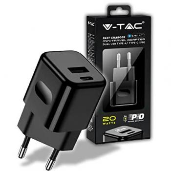Cargador Rápido 20W con 1 Puerto PD y 1 Puerto QC, Adaptador de Viaje Negro V-TAC