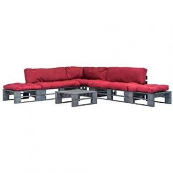 vidaXL Sofás Jardín Palés 6 Piezas Cojín Rojo Madera FSC Gris Exterior Patio