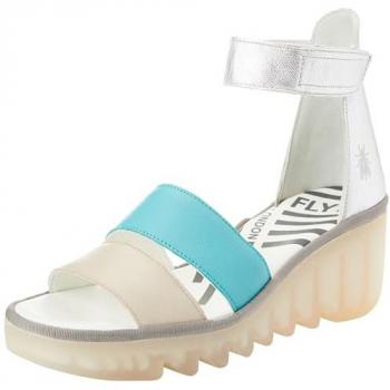 Fly London Bono290 Women's Cloud Turquoise Silver Tumbled Leather Low Wedge Sandals