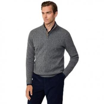 Jersey de hombre Hackett de lana gris con cuello alto y cierre de media cremallera