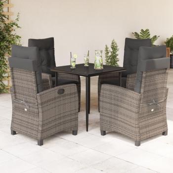 5-Piece Grey Poly Rattan Garden Dining Set with Cushions