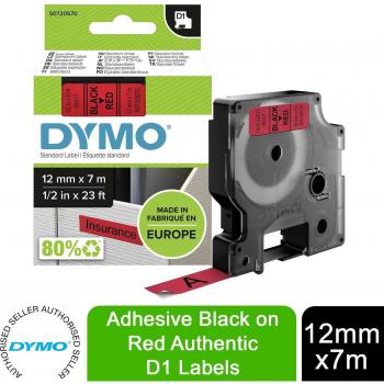 DYMO D1 Standard Label Tape 12mm x 7m Black Print on Red Self-Adhesive Polyester for LabelManager (45017, S0720570)