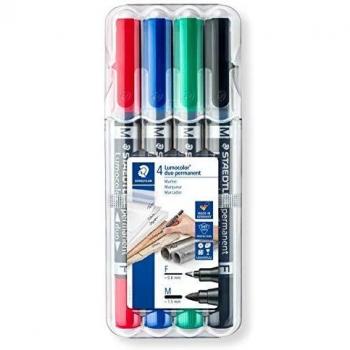 Marcadores Permanentes Lumocolor Duo, Set de 4 colores (Rojo, Azul, Verde, Negro), Doble Punta (0.6 mm y 1.5 mm)