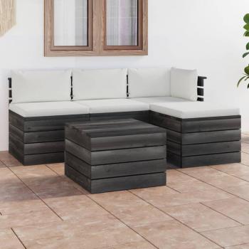 Muebles de jardín de palets 5 piezas con cojines de madera maciza de pino