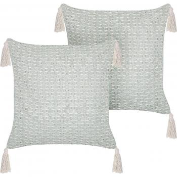 Set de 2 Cojines Geométricos Verde Menta 42 x 42 cm con Borlas y Funda Desmontable