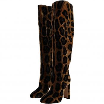 Dolce & Gabbana Brown Giraffe Velvet Leather Knee High Boots - EU36/US5.5