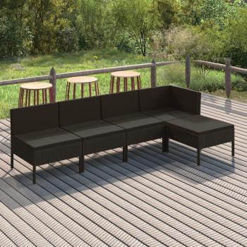 5-Piece Black Poly Rattan Garden Lounge Set with Cushions