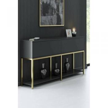 Aparador Altair Dmora, Bufé de salón y despensa de cocina, 150x30x80 cm, Antracita y Oro, Panel melamínico 18 mm y Metal