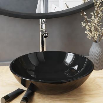 Conjunto de Lavabo y Grifo con Tapón Pulsador de Cristal Templado Negro