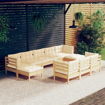 10-Piece Solid Pinewood Garden Lounge Set with Cream Cushions