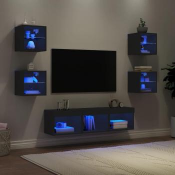 Muebles de TV de pared con LED 7 piezas en madera ingeniería y color negro