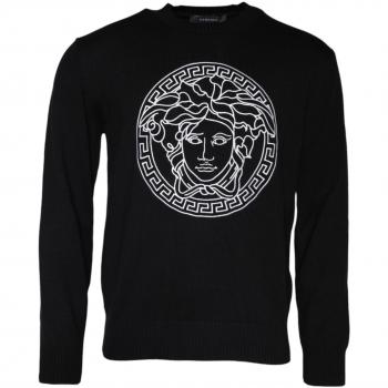 Versace Black Embroidered Crew Neck Cotton Sweater for Men - Size M
