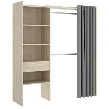 Kit Vestidor Adaptable con Cajón y Cortina, 205x160x50 cm, Madera de ingeniería en color Natural/Roble