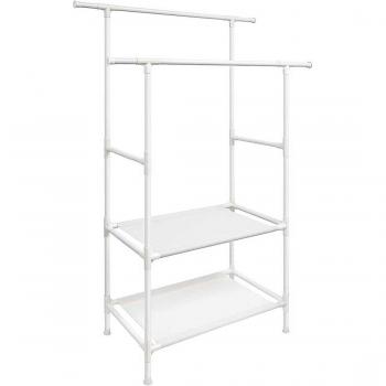 Perchero para ropa con 2 barras colgantes y 2 baldas de almacenamiento, capacidad de carga 70 kg, montaje fácil, color blanco