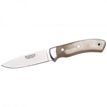 Electropolis Cuchillo de Monte Enterizo Joker con puño de asta de Toro, Hoja MOVA de 9,5 cm, Funda de Cuero, 158 Gramos, CA16 + Tarjeta Multiusos de Regalo