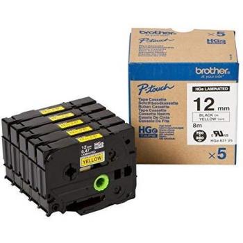 Cinta Laminada Brother HGe-631V5 Negra sobre Amarilla 12mm x 8m - Paquete de 5 Unidades
