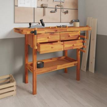 Banco de trabajo con cajones y tornillos, madera maciza de acacia, dimensiones 124x52x83 cm