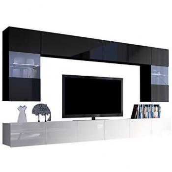 Conjunto de salón Providence B105, Aglomerado laminado, Blanco y Negro Brillante, Con mesa de TV y accesorios adicionales