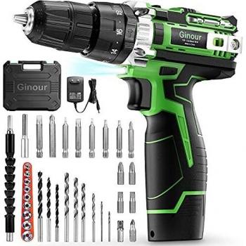 Taladro Atornillador 12V, Ginour Destornillador Eléctrico, 18+3 Ajuste de Par, 34 Accesorios, 25N.m Par Máx, 2.0Ah Li-ion Batería, Mandril de Bloqueo 10mm, Para taladrar paredes, madera, metal