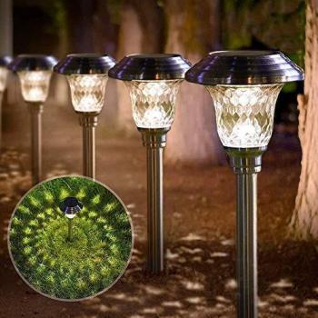 BEAU JARDIN 4pack Luces Solares Jardín Iluminación de caminos Acero Inoxidable Vidrio LED de Luz de Jardín IP65 Resistente al Agua para Patio [Clase de eficiencia energética A]11.9x41,9cm
