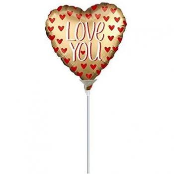 amscan- Mini globo de papel de aluminio dorado con corazones rojos, 1 unidad.