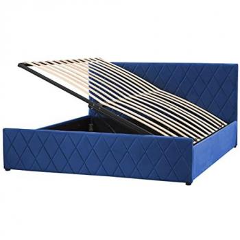 Cama de Almacenaje Super King 180x200 cm Tapizada en Terciopelo Azul con Cabecera Trapuntada y Base de Listones Rochefort
