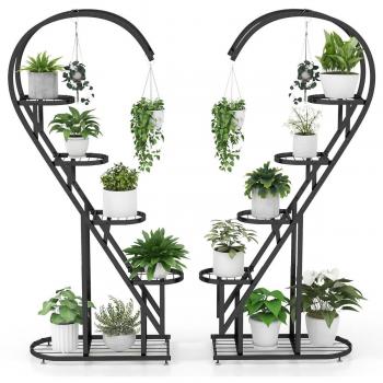 5-Tier Black Metal Plant Stand with Hanging Hook for Indoor/Outdoor Use
