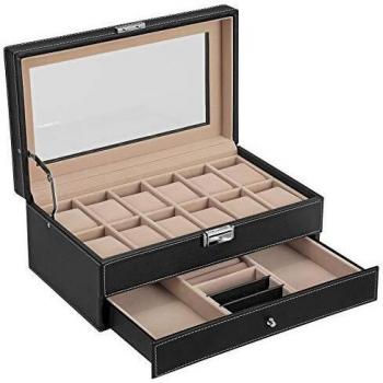 Caja de Relojes 2 Niveles con 12 Compartimentos y Cajón, Beige