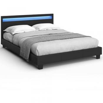 Cama Doble NEO 140 x 190 cm PVC Negro con Somier y LED Integrados