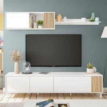 Mueble de Salón Ethna Combinado Blanco Artik y Natur con Módulo Bajo para TV y Almacenamiento Superior, Estilo Moderno, Dimensiones 200 x 47 x 40 cm