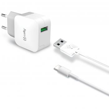 Celly TCUSBTYPEC - Cargador Red 2.4A con Cable de Tipo C, Color Blanco